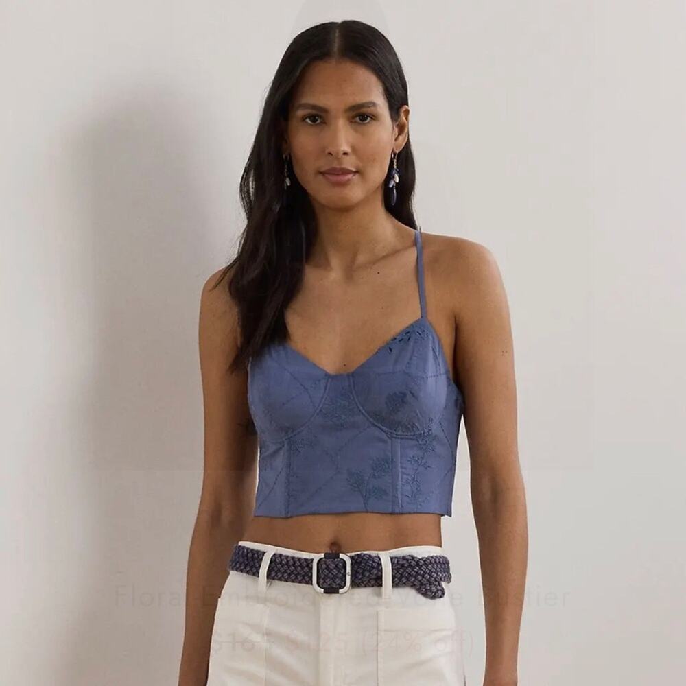 Lauren Ralph Lauren Floral-Embroidered Cropped Blue Bustier Women’s Size 14 NWT